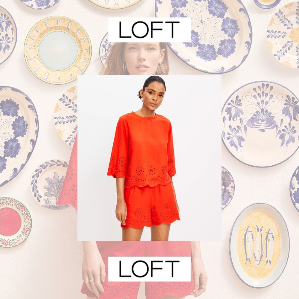 Matching set! Loft Embroidered Scalloped Set (Linen Blend Top and Shorts)